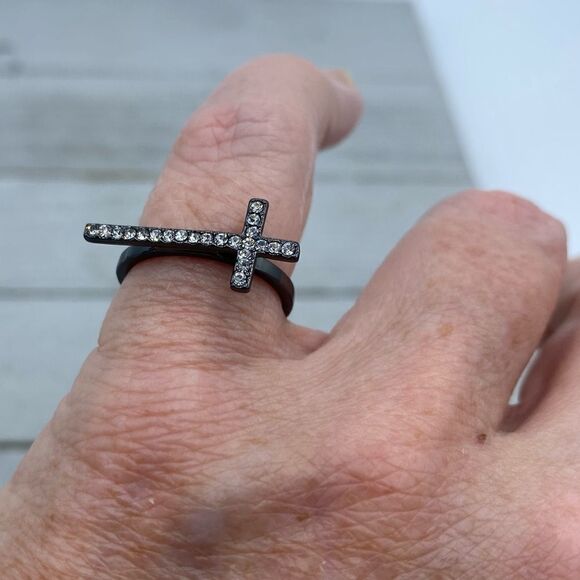 Sideways Cross Cobalt Black Crystal Brass Ring - Picture 4 of 7